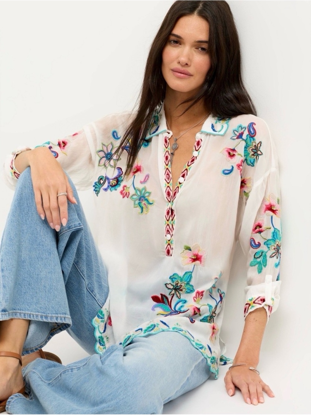 NEW: Johnny Was White Embroidered Floral Split-Neck Tunic